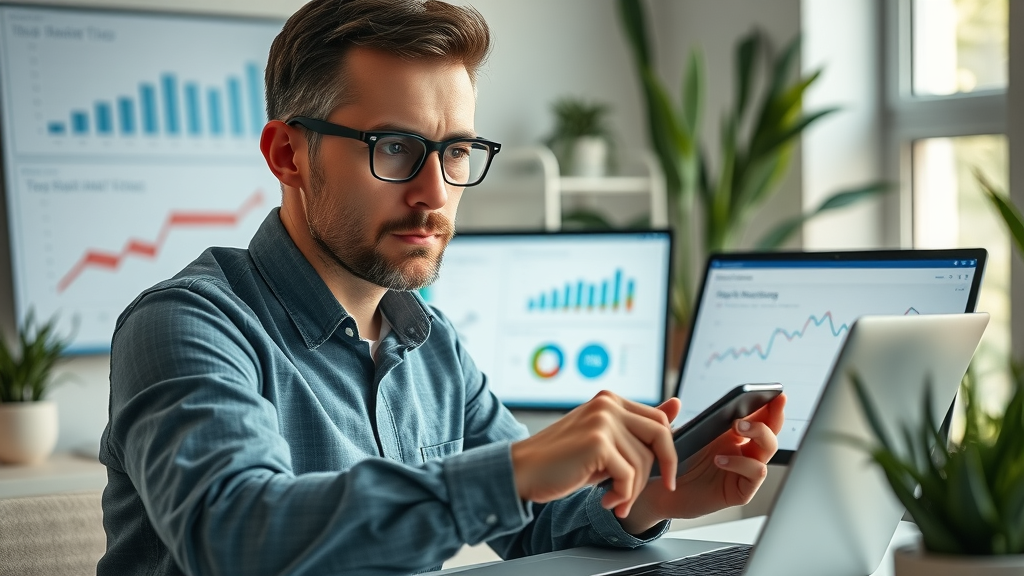 inquisitive marketing strategist mapping data across devices, comparing dashboards, best times to post on social media, modern workspace