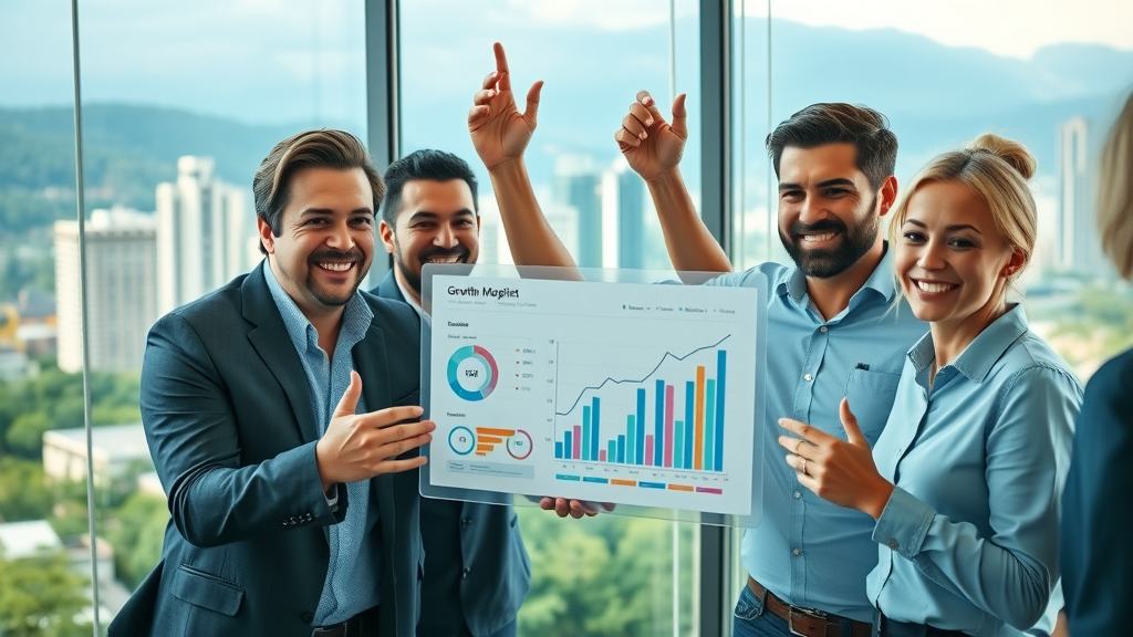 executive team celebrating customer acquisition growth reviewing digital dashboard metrics