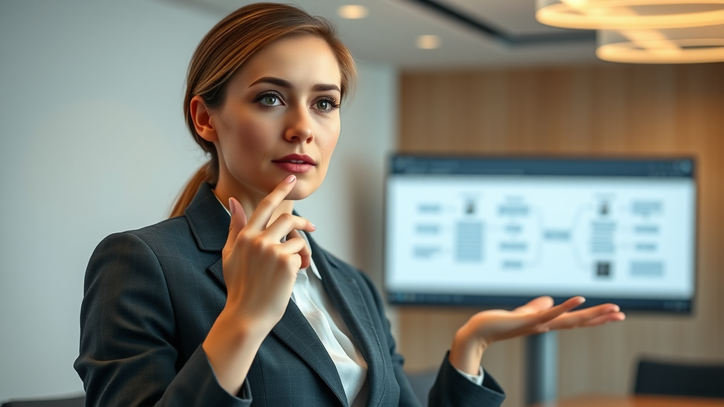 businesswoman presenting customer acquisition strategy flowchart on digital screen