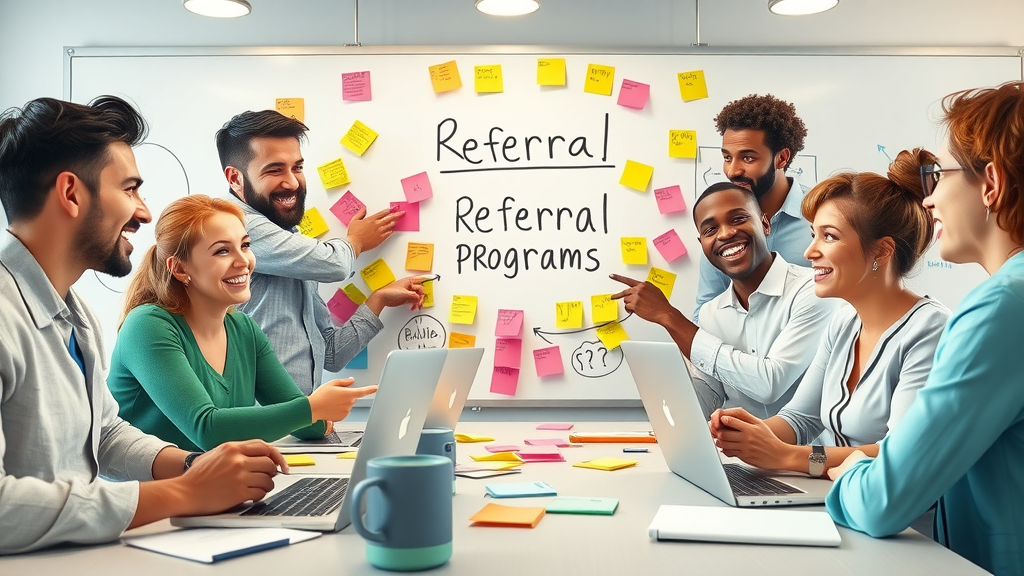 marketing team brainstorming customer acquisition through referral programs