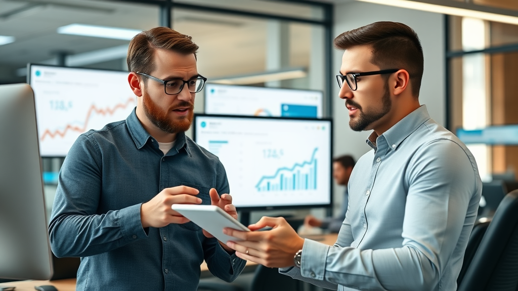 digital marketers analyzing landing page conversion data using split testing tools in a bright, modern office