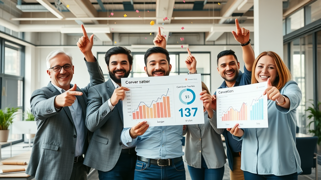 business team celebrating high landing page conversion rates after split testing, in modern office