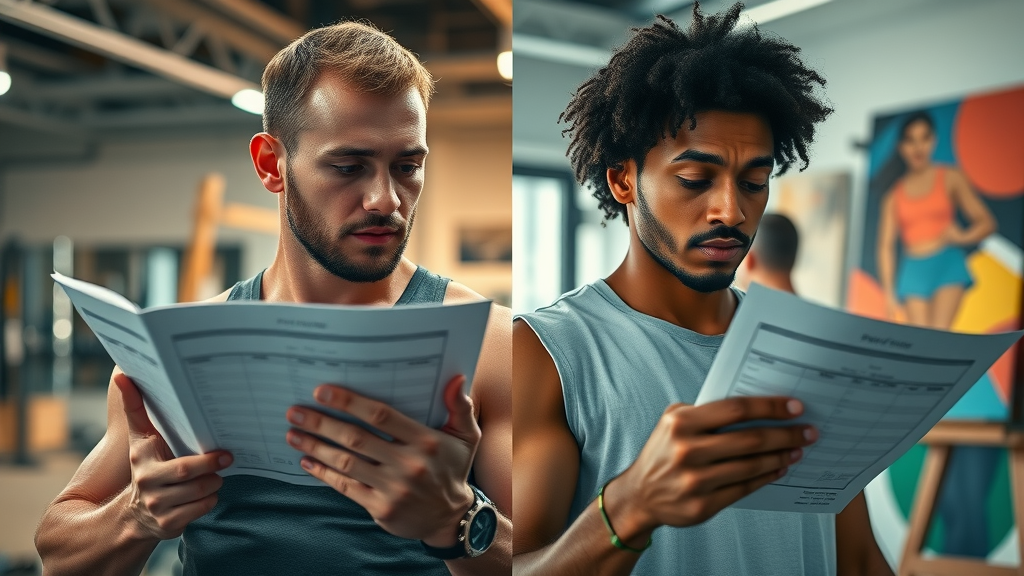 Athlete and artist contrasting performance and personal goals on progress charts