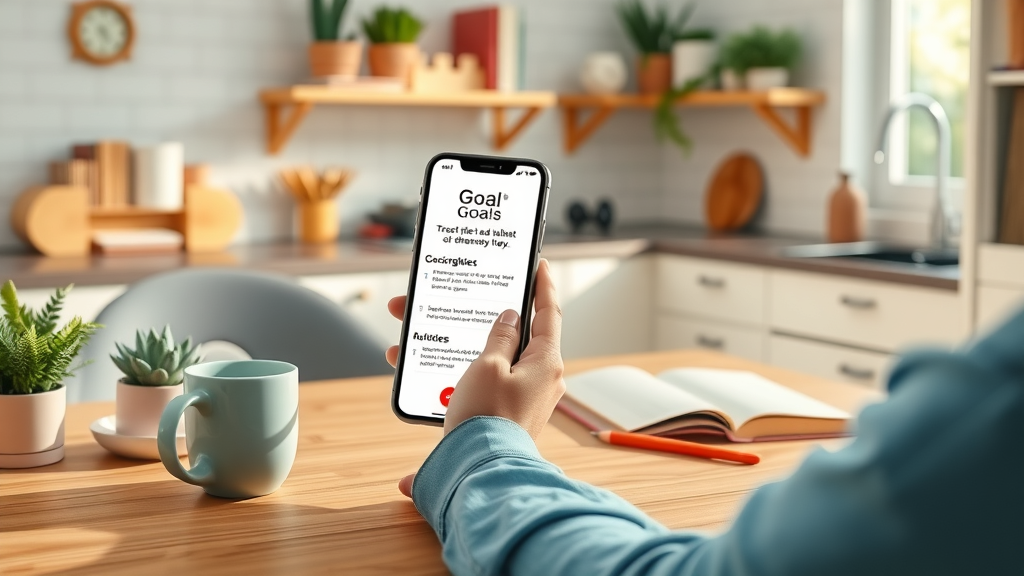 Person using a smartphone app for daily goal setting and tracking in a peaceful workspace