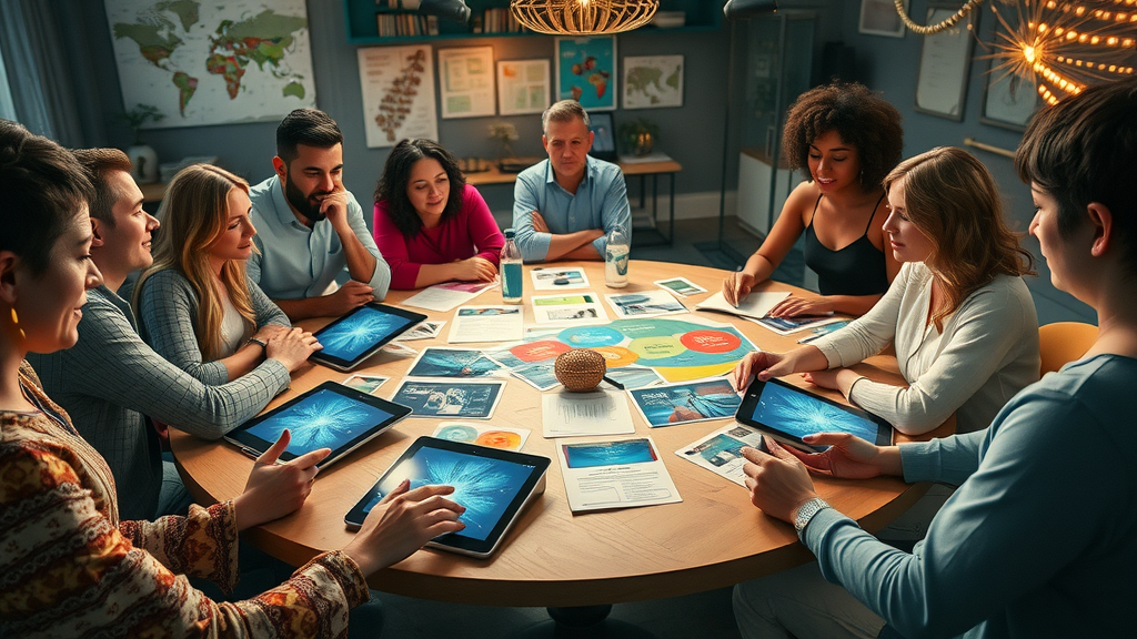 Diverse team collaborating and visualizing achievement of their set goals together