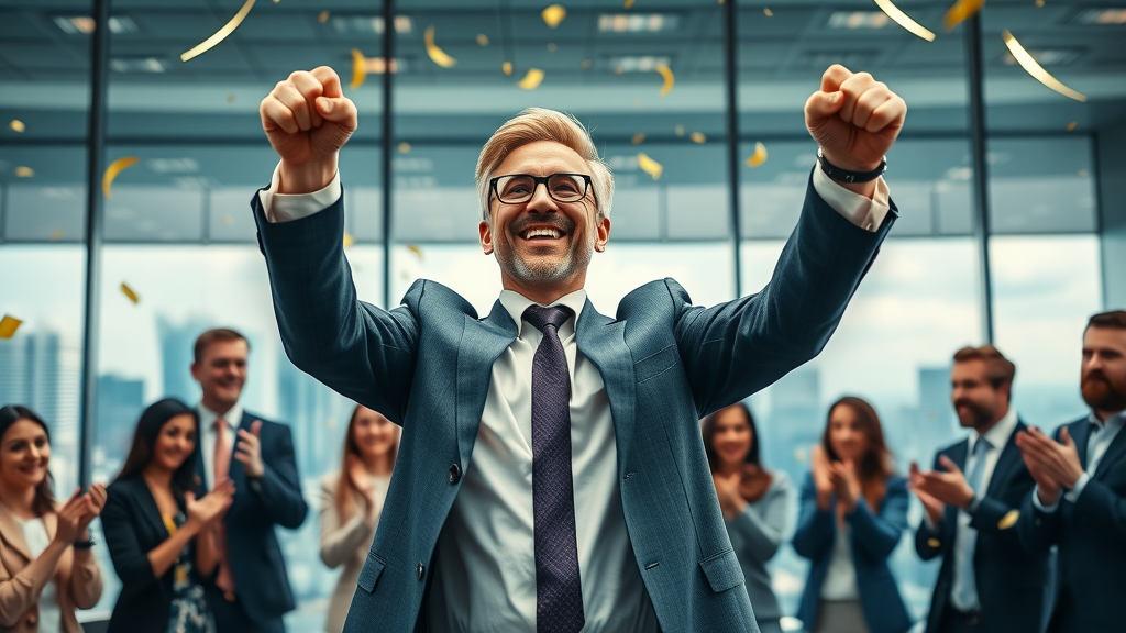 Business leader celebrating goal setting success with a triumphant team