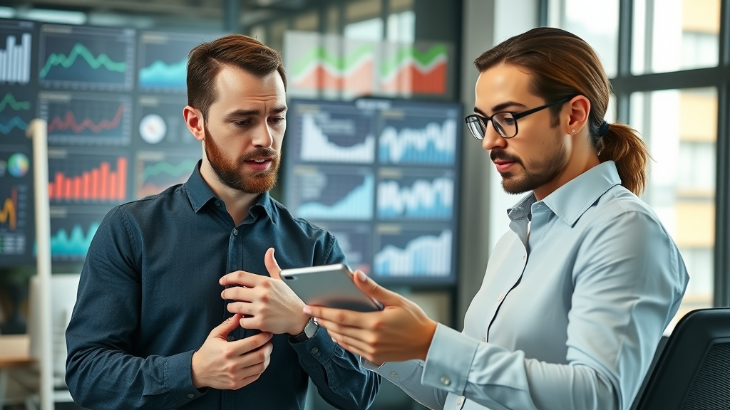Marketing team reviewing paid advertising campaign data for lead generation in a modern office, digital screens with graphs, sharp focus, natural colors