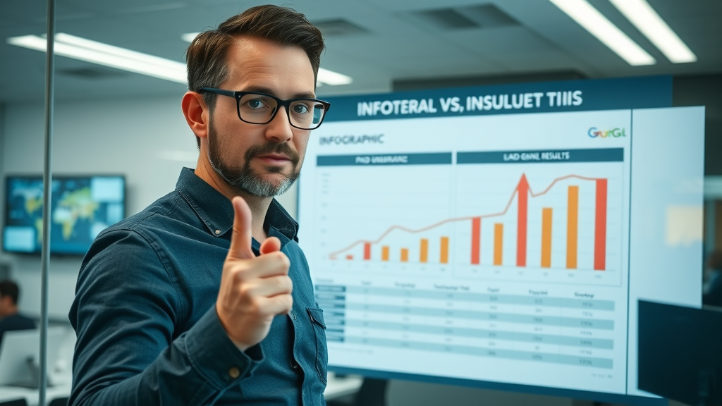 Digital marketer presenting comparison of paid ad vs. organic lead generation campaign performance, office scene, digital infographic