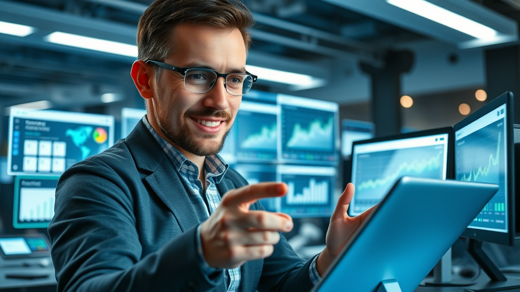 Digital marketer reviewing paid advertising platforms for lead generation, futuristic workspace, multiple device screens