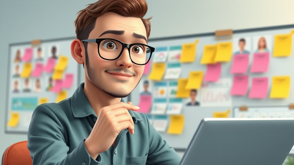 Marketing analyst developing target audience personas for a lead generation campaign with digital charts and post-its