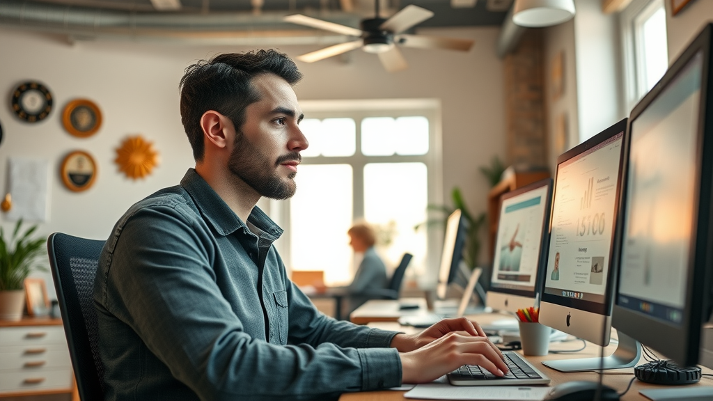 Copywriter developing high-converting ad copy for lead gen campaigns, creative workspace, award plaques