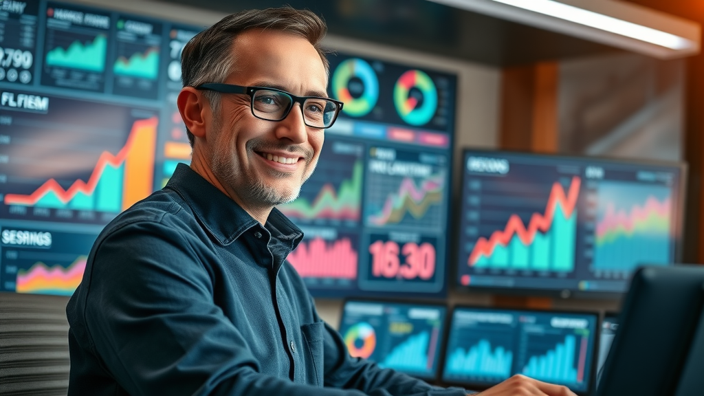 Digital marketing analyst reviewing paid advertising campaign analytics dashboard for lead generation success, ROI graphs