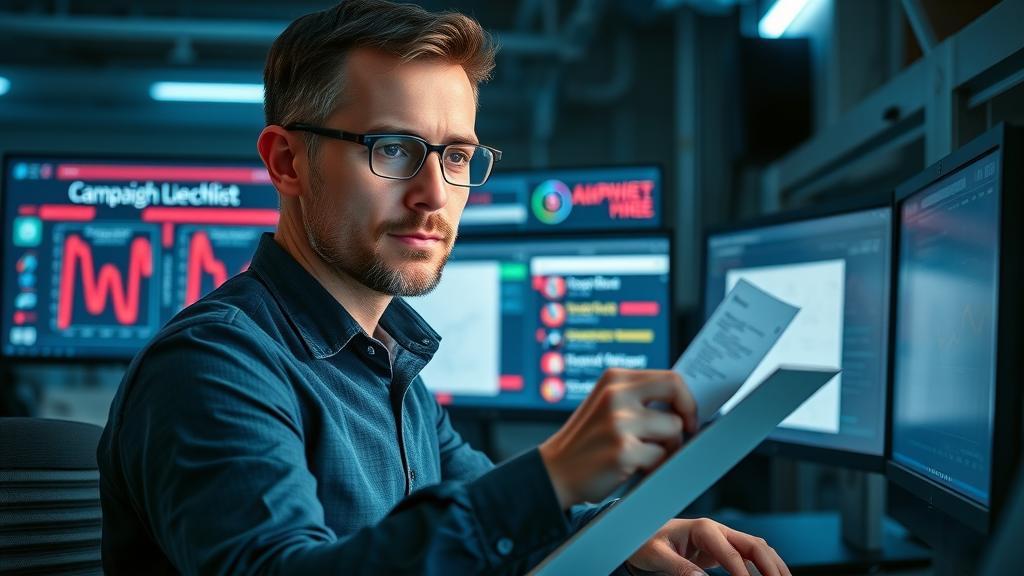 Marketer checking off digital campaign launch checklist with platform dashboards, cinematic workspace