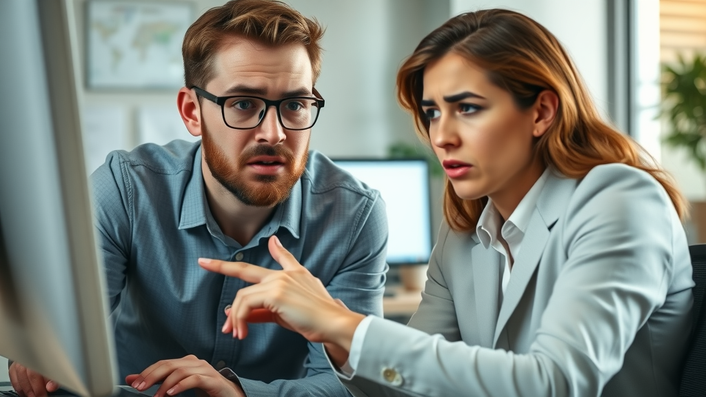 Frustrated website visitors, concerned expressions, browsing a slow-loading website, Photorealistic High Fidelity Lifelike, office workspace background with a computer screen displaying a loading icon, highly detailed, blurred mouse movement, neutral color palette, soft natural lighting, shot with a 50mm lens.