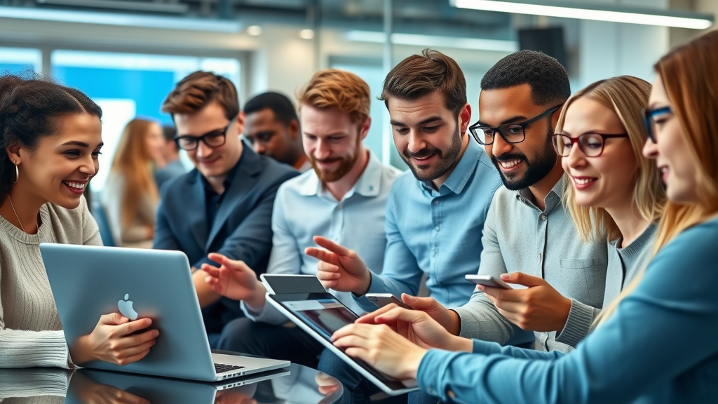 Diverse group of people, engaged expressions, interacting with a modern website UI on laptops and phones, Photorealistic High Fidelity Lifelike, contemporary workspace background with digital screens, highly detailed, fingertips scrolling or pointing, blue and white accents, daylight LED office lighting, shot with a 35mm lens.