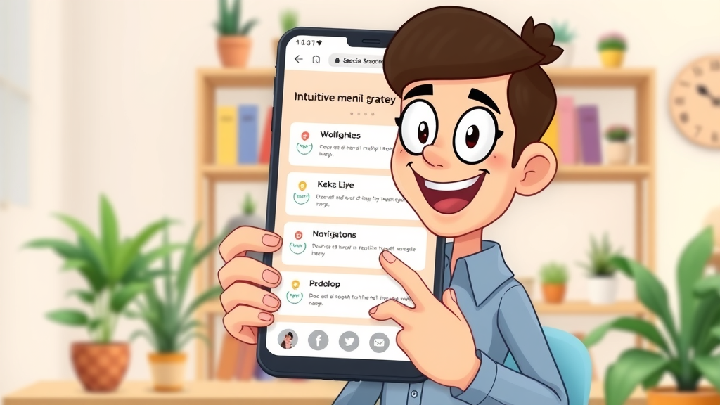 Responsive website layout, intuitive navigation menu, cheerful user interacting on mobile device, 2D Cartoon, home office background with plants and bookshelf, highly detailed, stylized animation effect on navigation highlights, pastel color palette, soft even lighting, shot with a wide-angle lens.