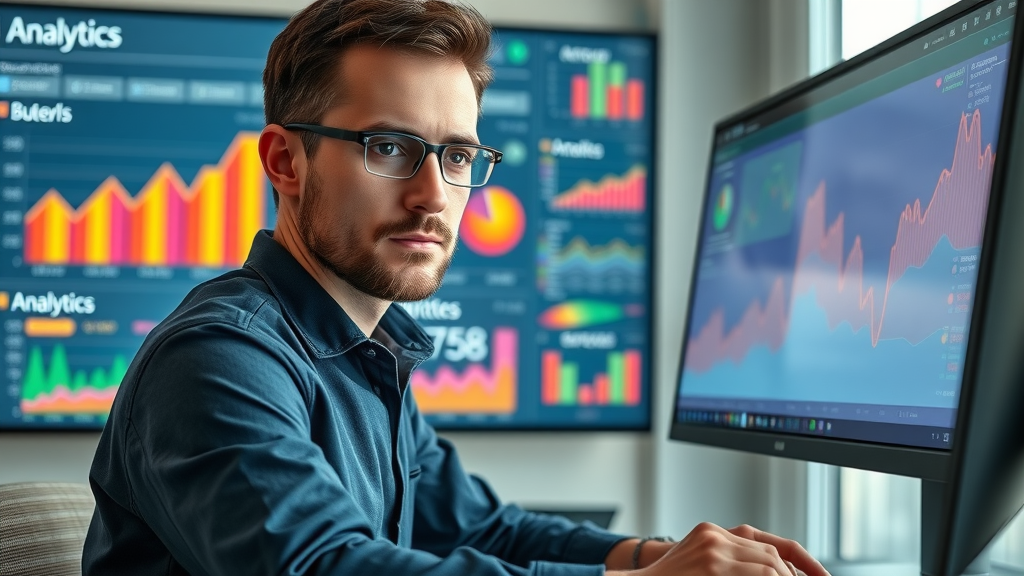 Data analyst, focused expression, working on Google Analytics dashboard with colorful charts, Photorealistic High Fidelity Lifelike, digital workspace with large monitor display, highly detailed, graphs with live data changing, sharp color contrast, bright daylight, shot with an 85mm lens.