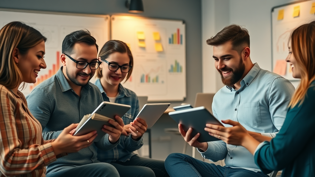 Team of marketers, collaborative expressions, analyzing performance metrics with tablets and laptops, High Fantasy, creative agency office with brainstorming whiteboard and post-its, highly detailed, digital overlays of data points, warm gold and blue accents, diffuse ambient lighting, shot with a 35mm lens.