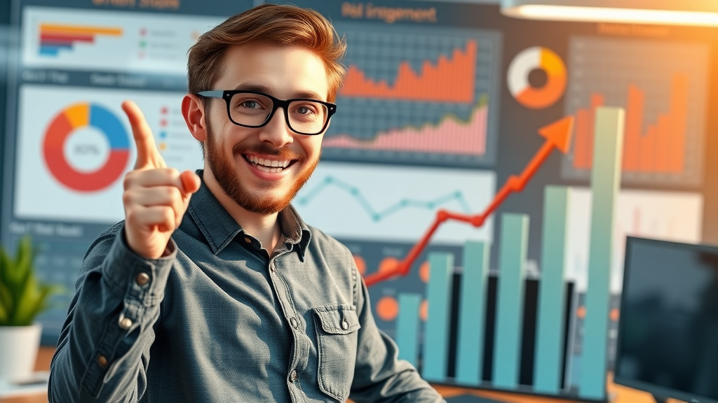 Digital case study presentation, upward graph, happy website owner pointing at engagement metrics, 2D Cartoon, tech workspace background with pie charts and upward arrows, highly detailed, interactive data elements, vibrant accent colors, crisp morning light, shot with a 50mm lens.