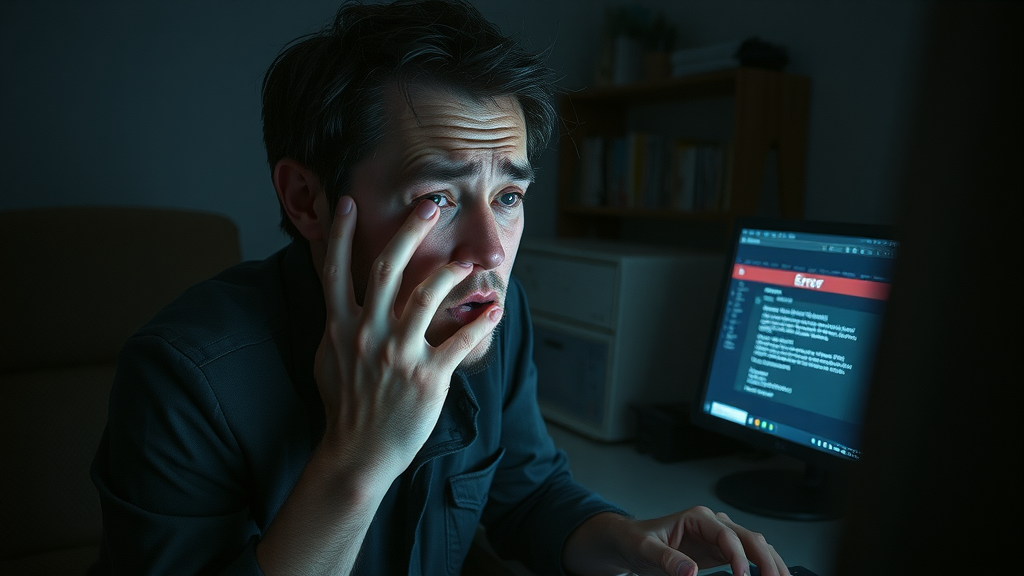 Troubled user, confused expression, encountering error page and slow site load, Horror, nighttime home office with error messages on screen, highly detailed, ghostly digital glitches, dark saturated colors, moody underlighting, shot with a 35mm lens.