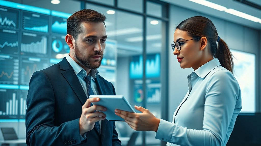 Business team analyzing lead generation data charts in a modern office with digital dashboards and glass walls