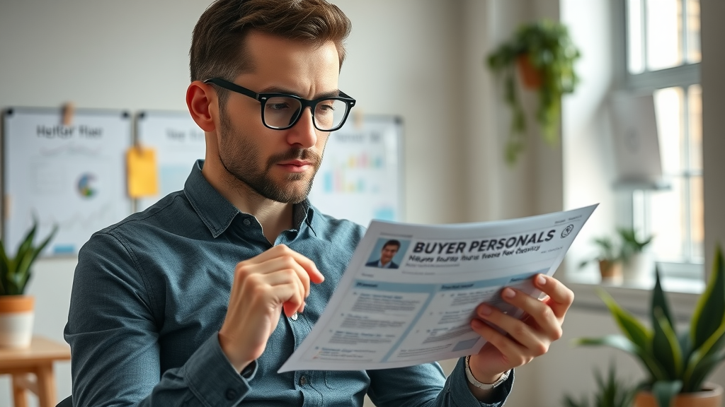 Professional marketer analyzing buyer personas on a digital tablet in a co-working space