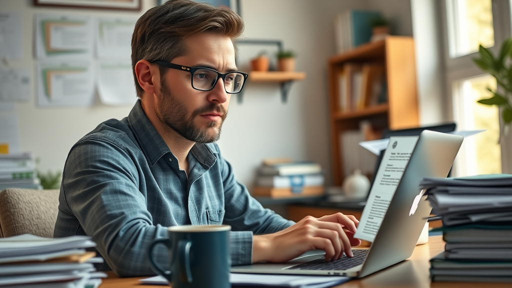 B2B content marketer writing an informative blog post at a home office