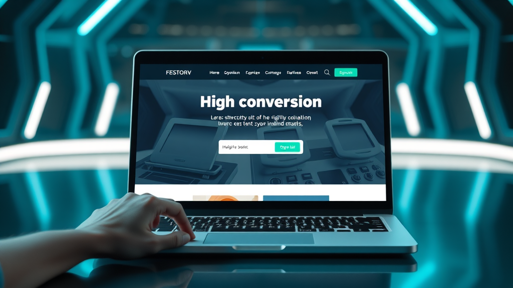 Modern laptop displaying a high-conversion landing page for B2B lead generation