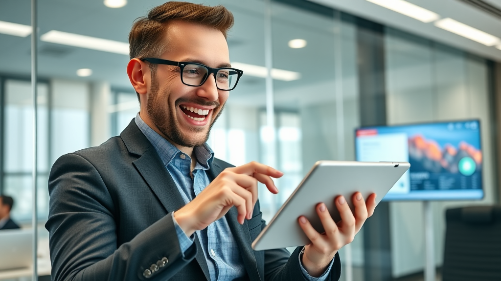 B2B business manager exploring a software demo on a tablet in a conference room