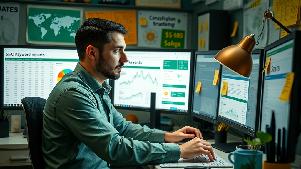 SEO specialist analyzing keyword reports for B2B lead generation strategies