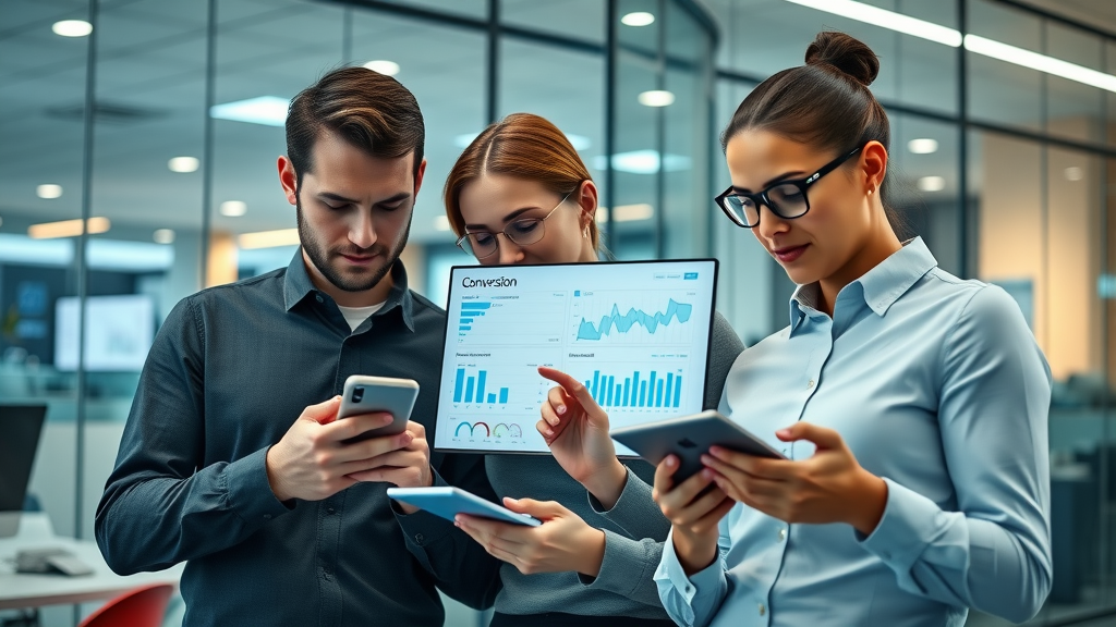 business team analyzing responsive landing page conversion data on multiple mobile devices