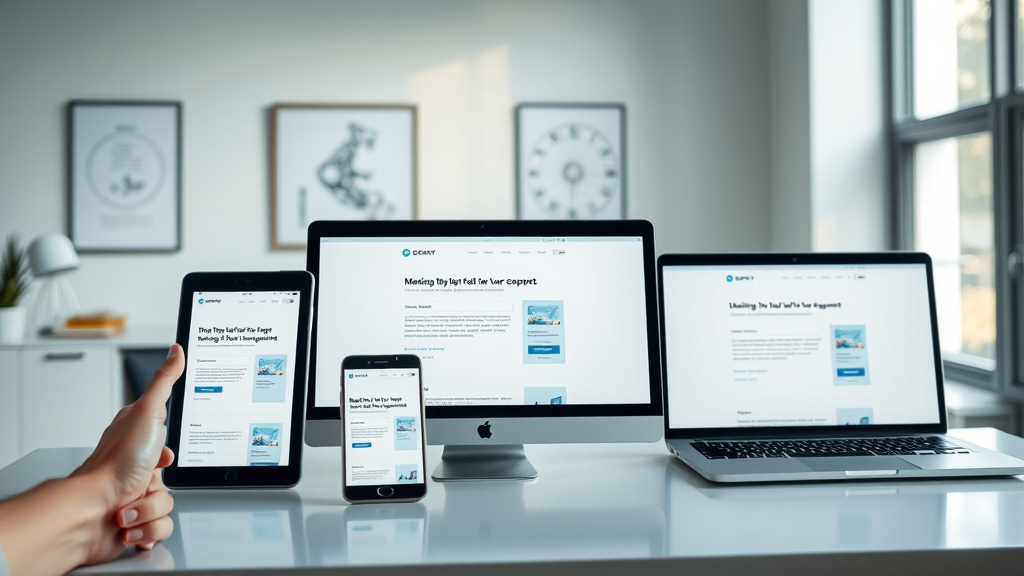 responsive landing page displayed on smartphone, tablet, laptop, and desktop