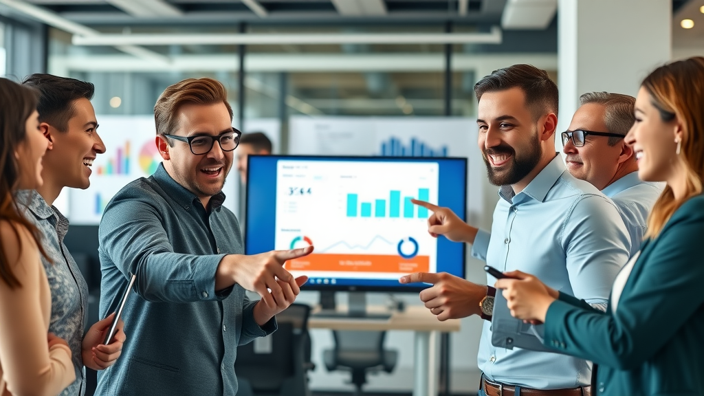 dynamic business website homepage, excited professionals analyzing website analytics, pointing towards brightly colored CTA button, call to action strategies