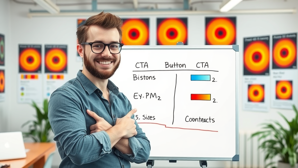 marketing designer illustrating CTA button sizes and color contrasts, call to action strategies