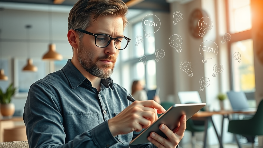 content strategist writing impactful CTA phrases on digital tablet, call to action strategies