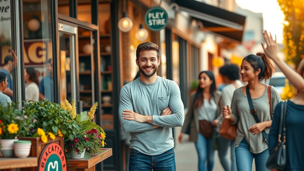 local business storefront, social media strategies for local businesses, friendly business owner greeting community, main street scene