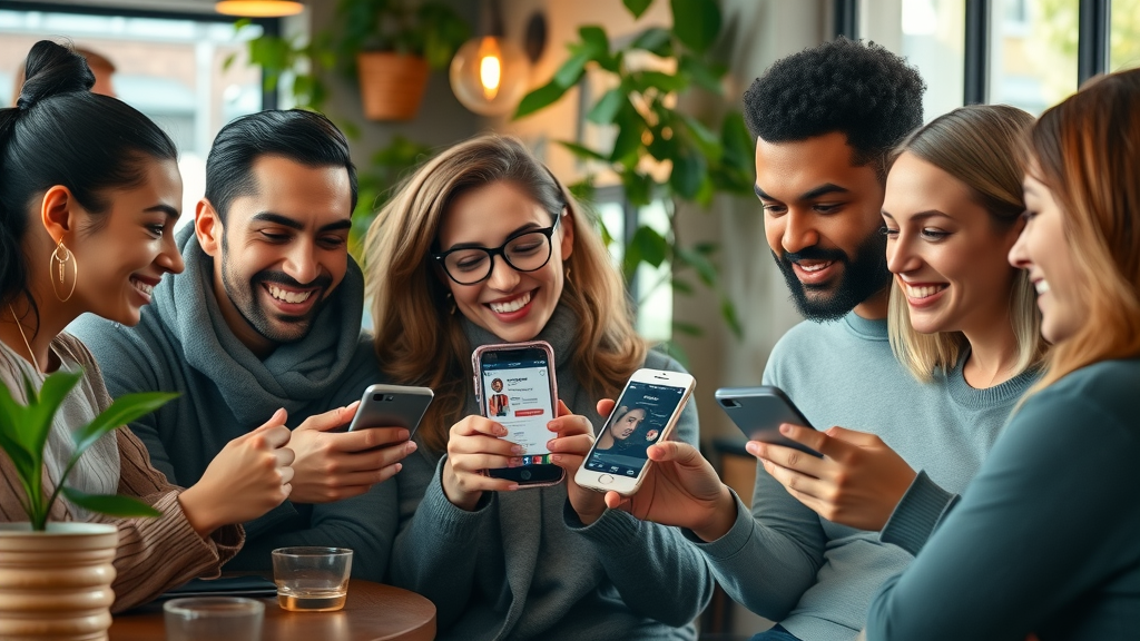 diverse group local customers social media strategies for local businesses, viewing branded profiles in urban cafe