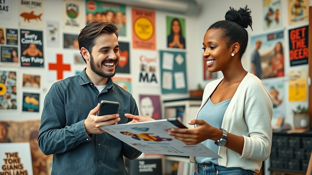 small business owner and artist collaborating social media strategies for local businesses, brainstorming content