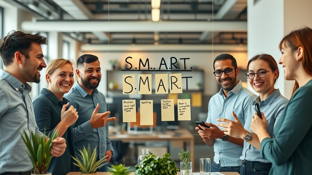 marketing team setting SMART goals for social media strategies for local businesses, collaborative workspace