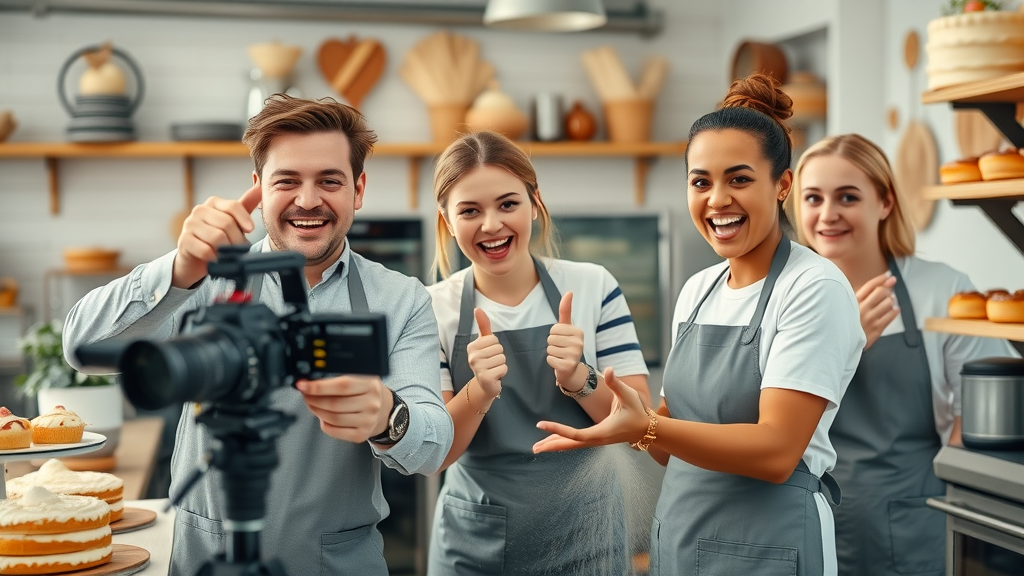 lively bakery staff creating behind the scenes social media content, content creation social media strategies for local businesses