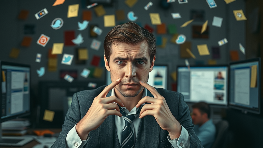 stressed local business owner overwhelmed with social media notifications, common pitfalls social media strategies for local businesses