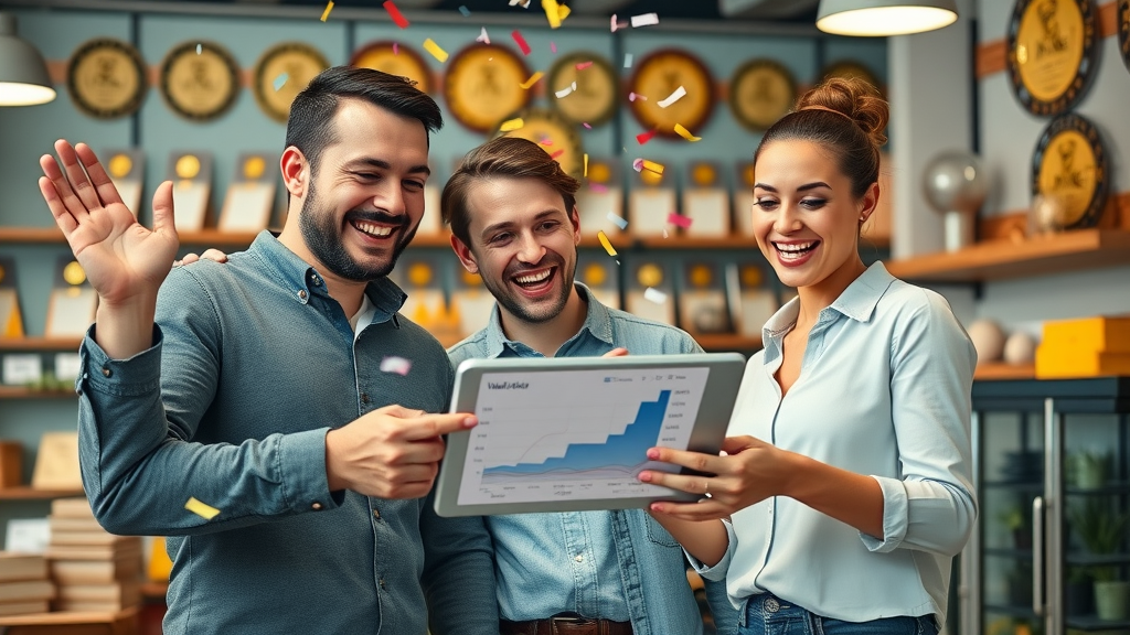 celebrating small business staff reviewing outstanding social media marketing results, local business success