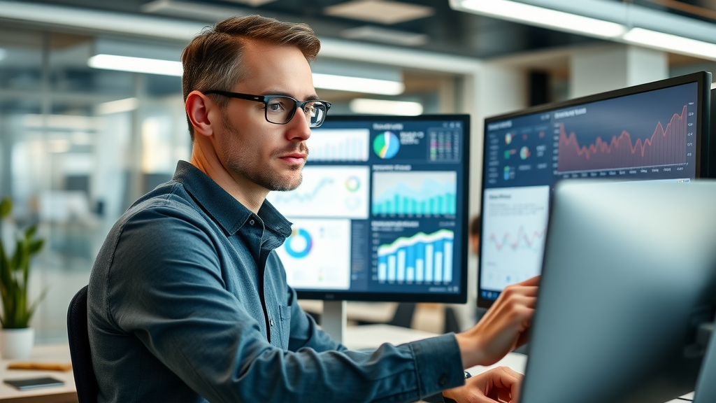 Modern digital marketing workspace showing a professional marketer analyzing campaign data using UTM codes, photorealistic high-fidelity lifelike open office with charts and infographics, focused and organized.