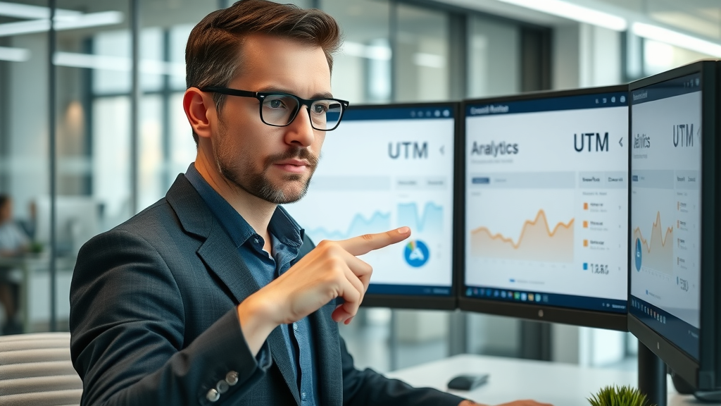 Professional marketer reviewing the UTM report section in a Google Analytics dashboard, highlighting integration and campaign data.