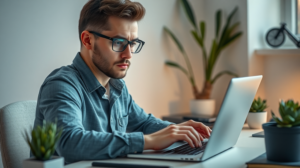 Tech-savvy digital marketer actively building UTM tracking links via URL builder tool on laptop, digital workspace details, photorealistic.