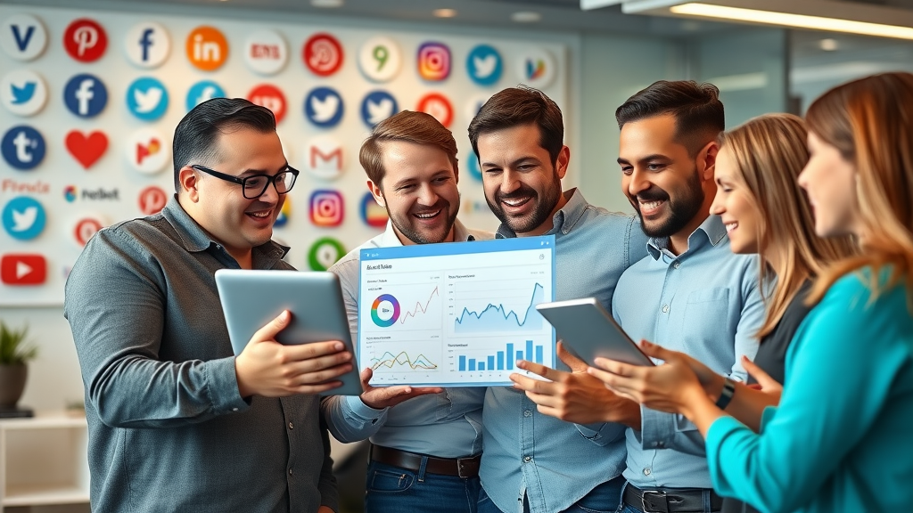 Vibrant marketer team collaborating around social media and email analytics, reviewing UTM tracking results, modern conference room, photorealistic.