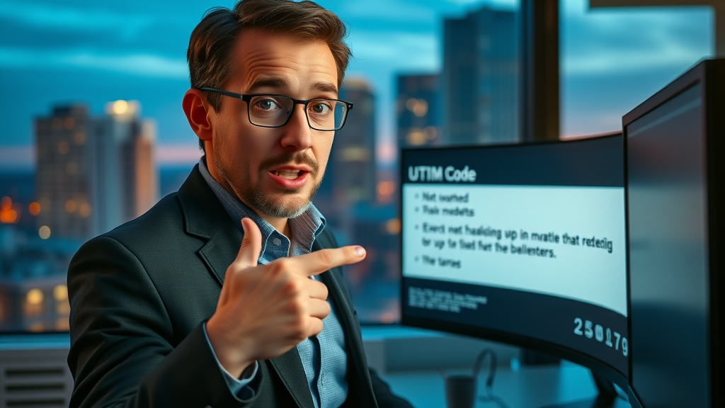 Strategic digital marketer pointing out a mismatch in UTM parameter setup, highlighting errors for better campaign tracking, cinematic twilight office.
