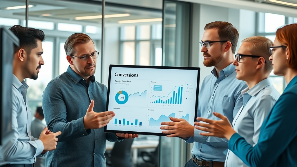 Impressive corporate team analyzing landing page conversion rate data on digital screens in a modern office, vibrant and focused