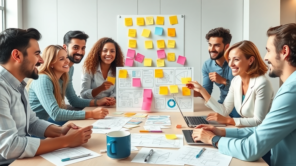 Diverse marketing team brainstorming landing page design with sticky notes, wireframes, and laptops in creative agency setting
