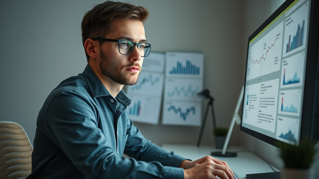 Focused UX designer mapping user journey on computer, using analytics and persona templates in modern workspace
